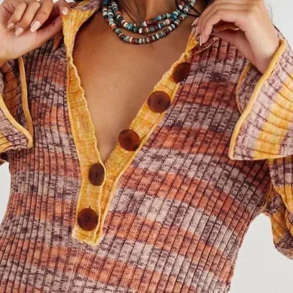 New Free People Wendy Ribbed Sweater Romper Knit Stripes Long Sleeve - Picture 3 of 12